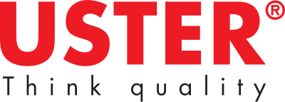 Logo der Marke USTER mit rotem Schriftzug und Slogan 'Think quality' darunter