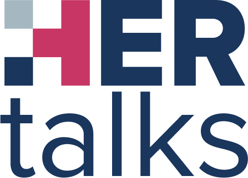 Logo with stylized letter 'H' in red and black, and the word 'HER' in navy blue above the word 'talks' in navy blue.