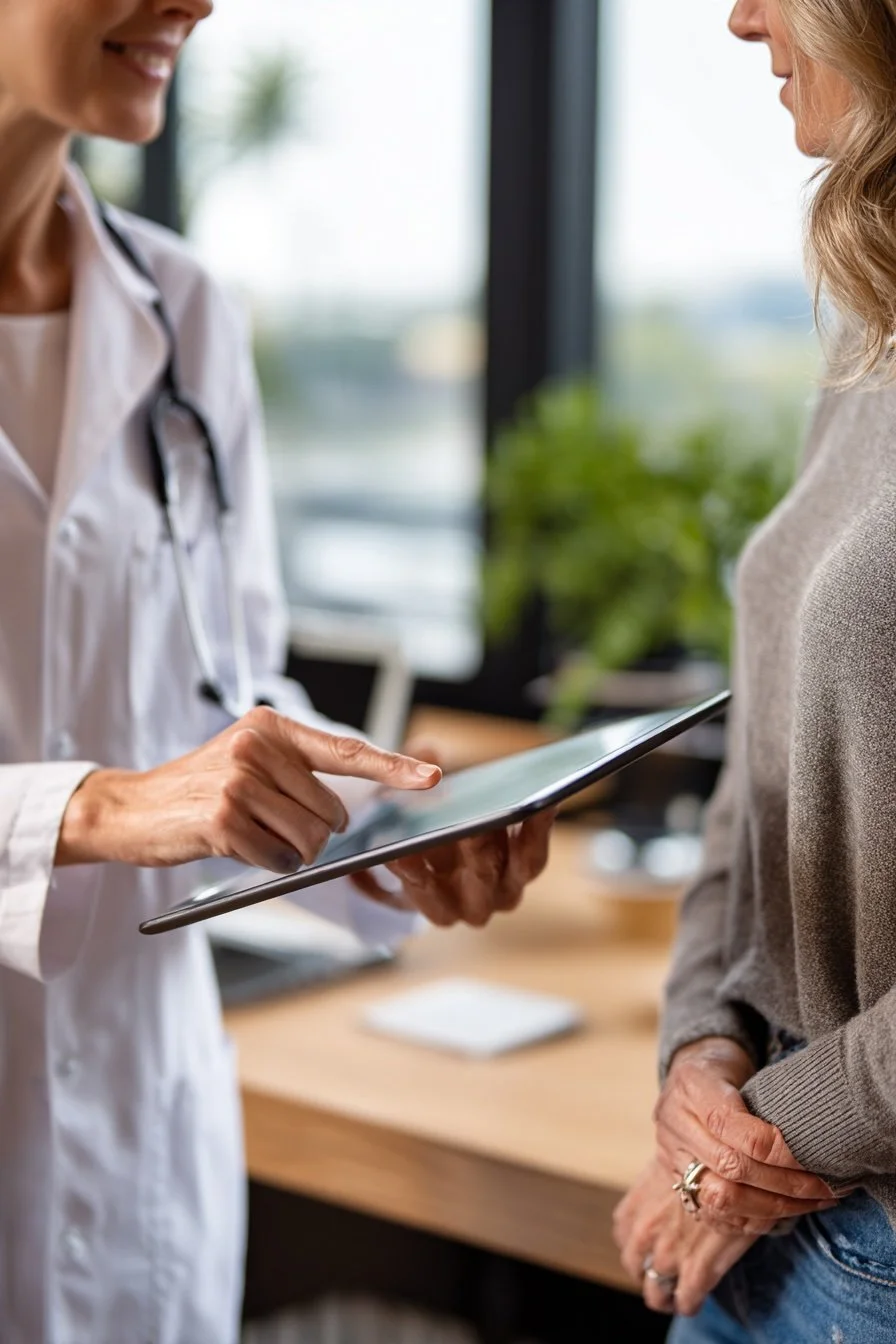 Clinician and midlife female patient in a torso-level, face-free portrait, reviewing information on a tablet in a softly lit, modern medical workspace.