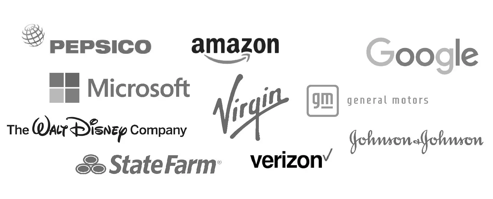 Collection of corporate logos including Pepsico, Amazon, Google, Microsoft, Virgin, General Motors, Walt Disney, State Farm, Verizon, and Johnson & Johnson.