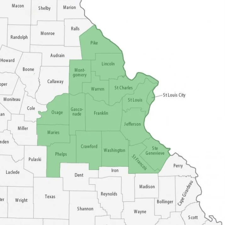 Map of Missouri highlighting several counties.