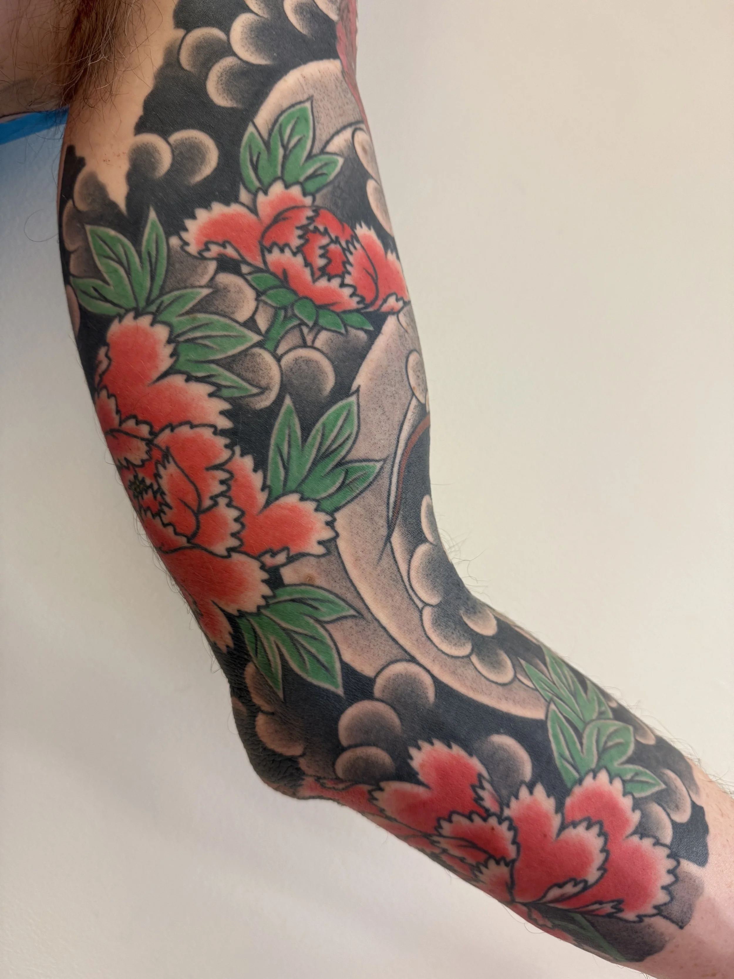 Tattoo of red and pink peony flowers with green leaves on a person's arm with black shaded background.