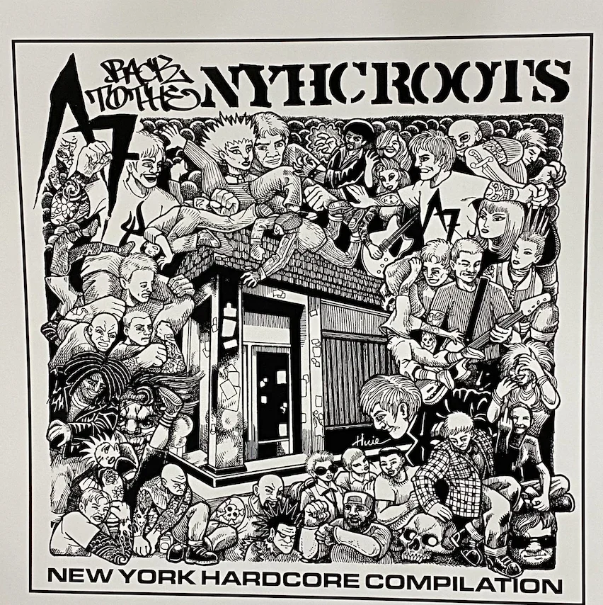 Black and white illustration of punk and hardcore musicians and fans surrounding a building, with the text 'NYTHC ROOTS' and 'NEW YORK HARDCORE COMPILATION' at the top and bottom.