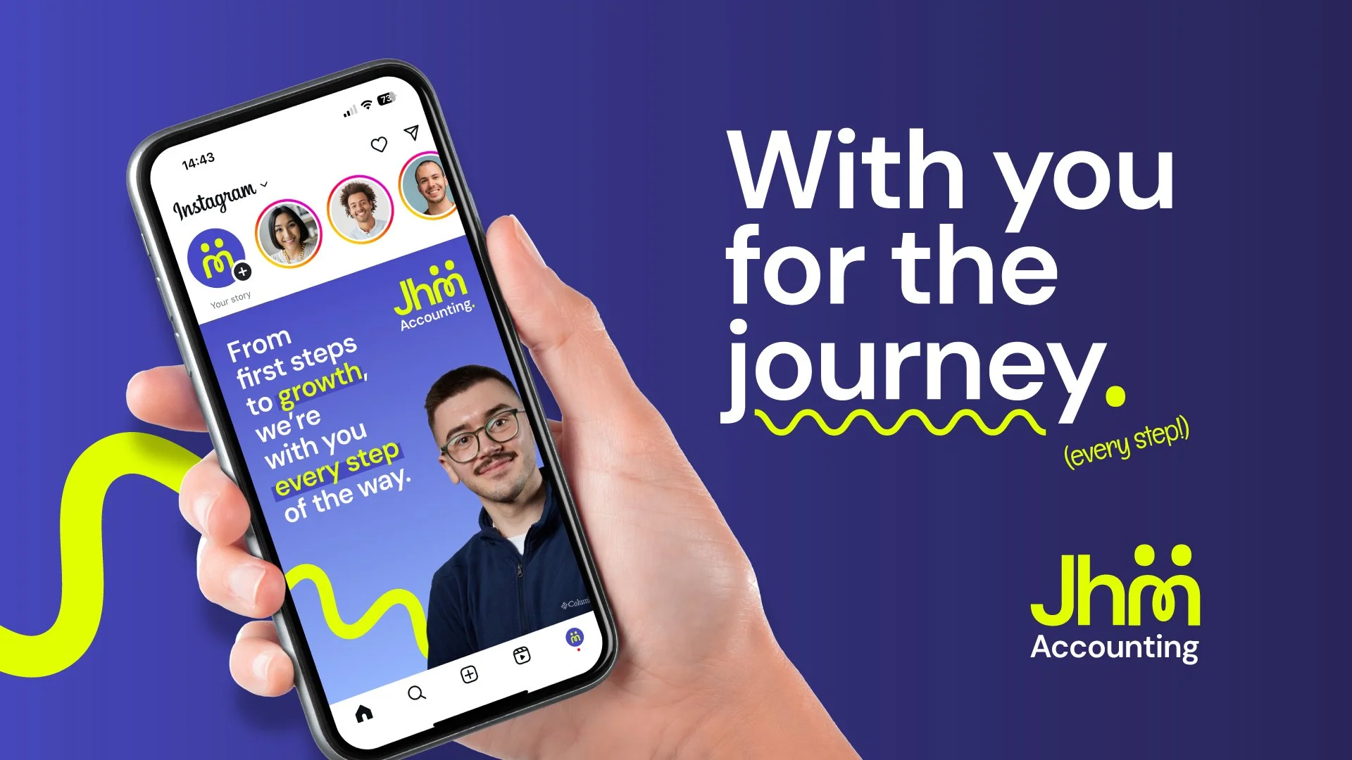 A hand holding a smartphone displaying an Instagram story for Jhind Accounting with colorful graphics and text emphasizing growth and progress.