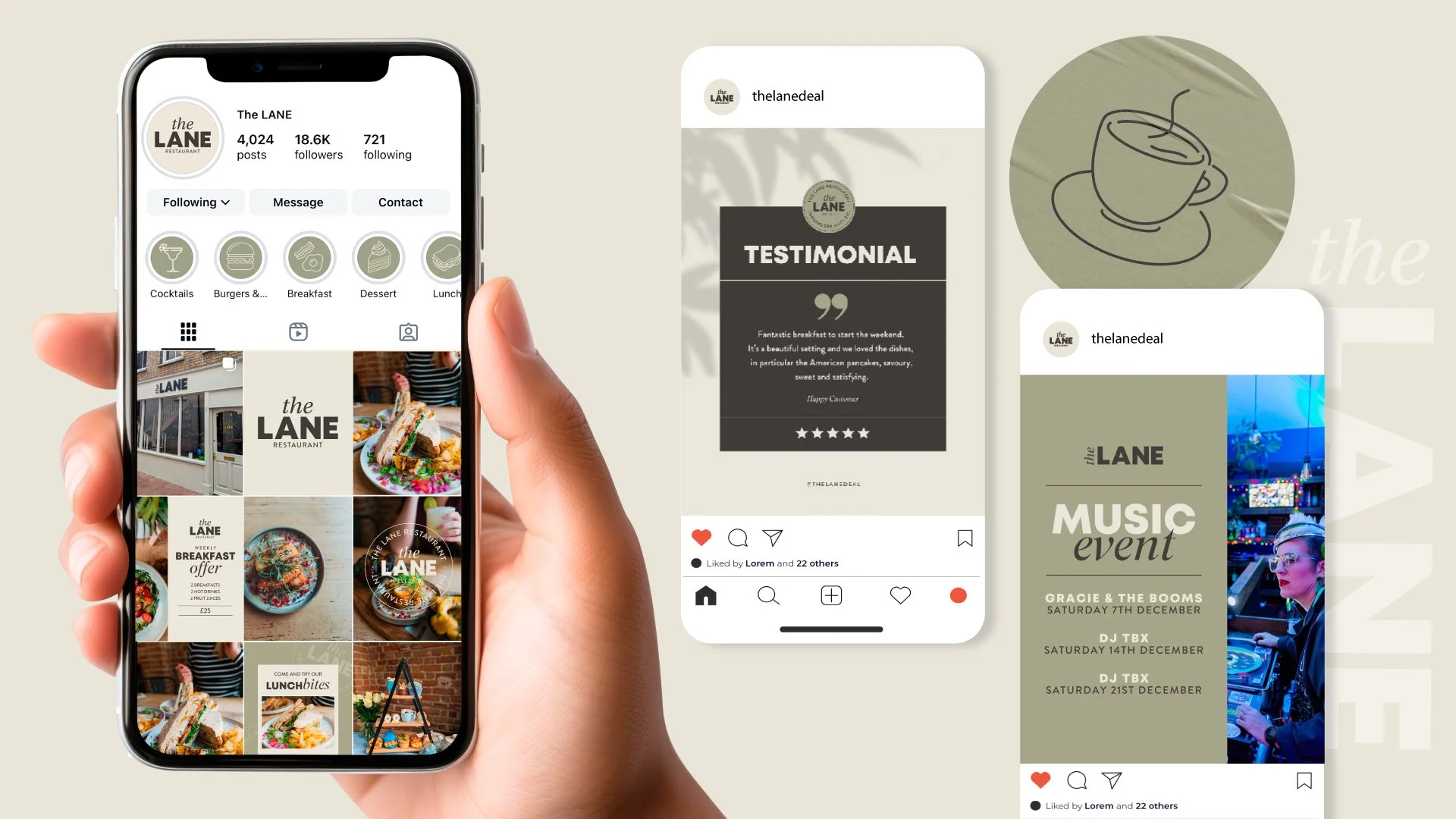 A smartphone displaying an Instagram profile for The LANE restaurant with various food and drink photos. Three Instagram post previews are visible, including a testimonial and music event advertisement.