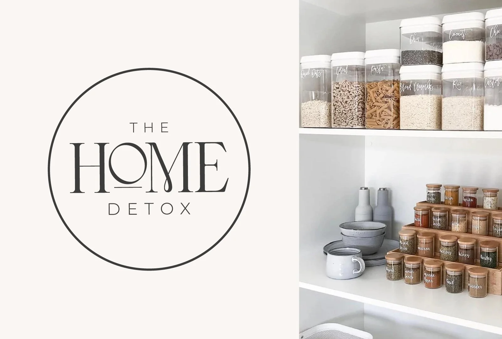 Organized pantry shelf with labeled jars of pasta, rice, quinoa, and spices in glass jars with wooden lids, and ceramic containers and serving ware. An example of their new branding in use