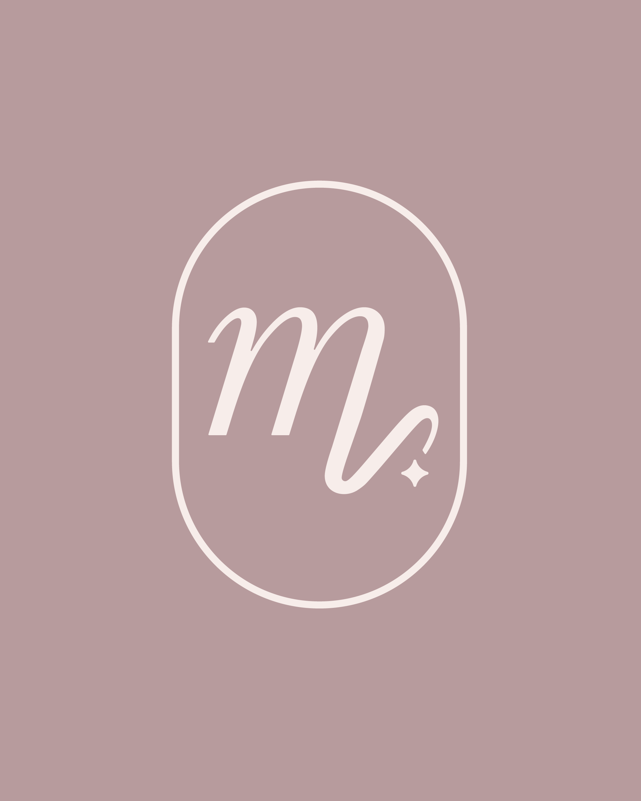 Minimalist logo with a pink background featuring a white outline oval containing a stylized lowercase 'm' and 'v' with a small star shape.