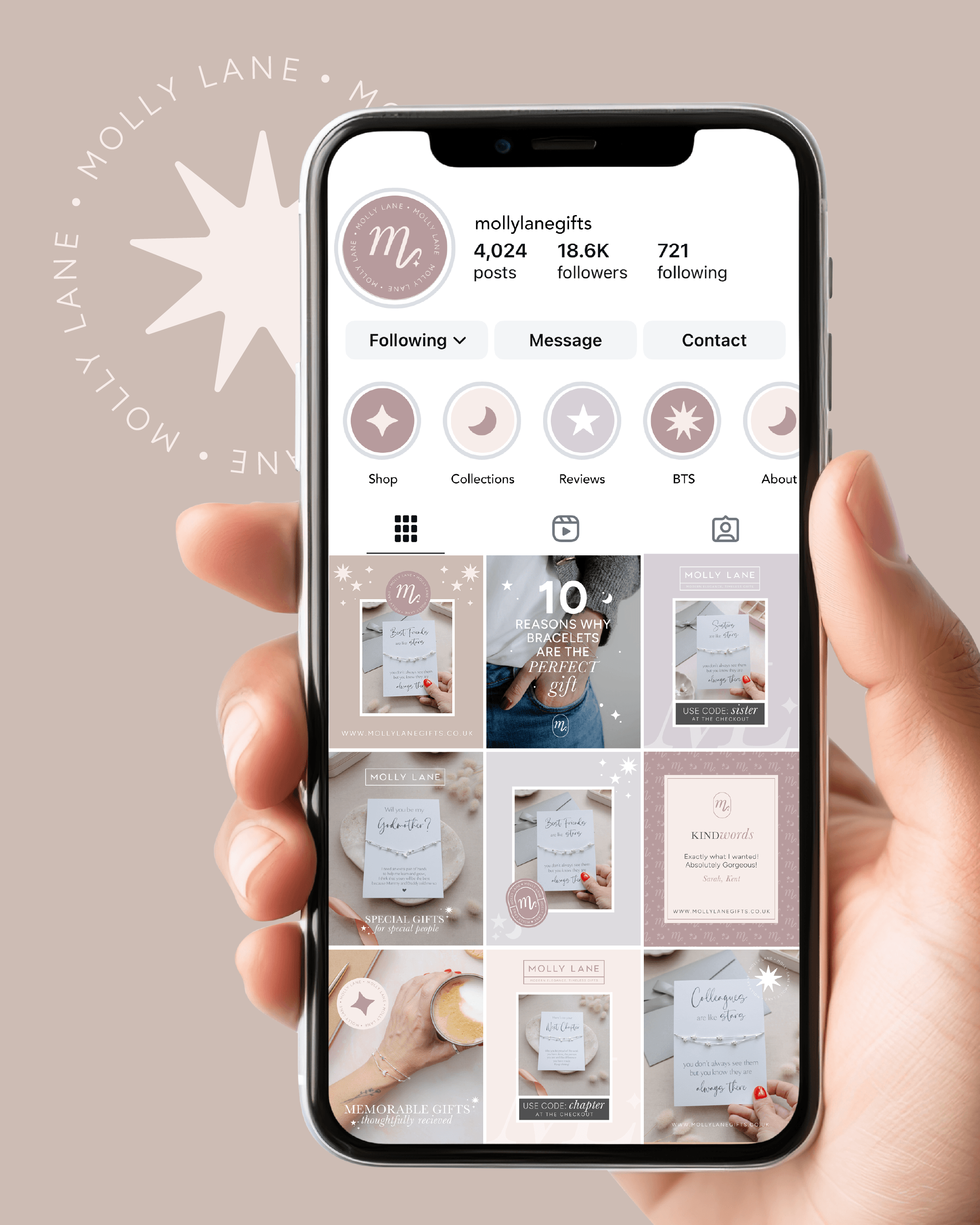 Instagram profile of mollylanegifts, featuring posts related to gift ideas and promos for jewellery and stationery, with a rose gold and pink color theme.