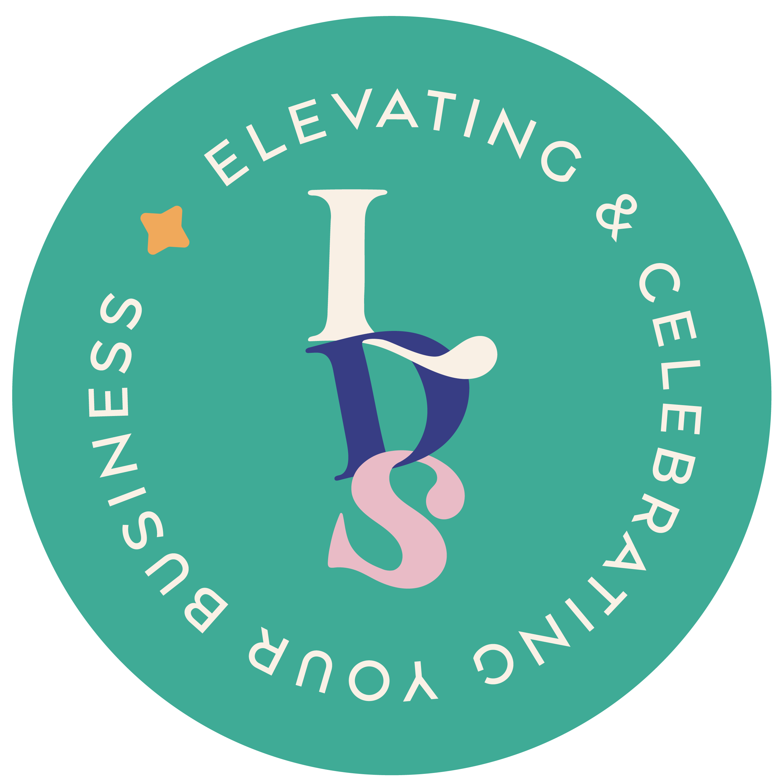 Circular logo with a teal background featuring a stylized, intertwined letter 'L' in white, navy blue, pink, and cream colors, with the words 'ELEVATING & CELEBRATING YOUNG ENTREPRENEURS' encircling the letter.