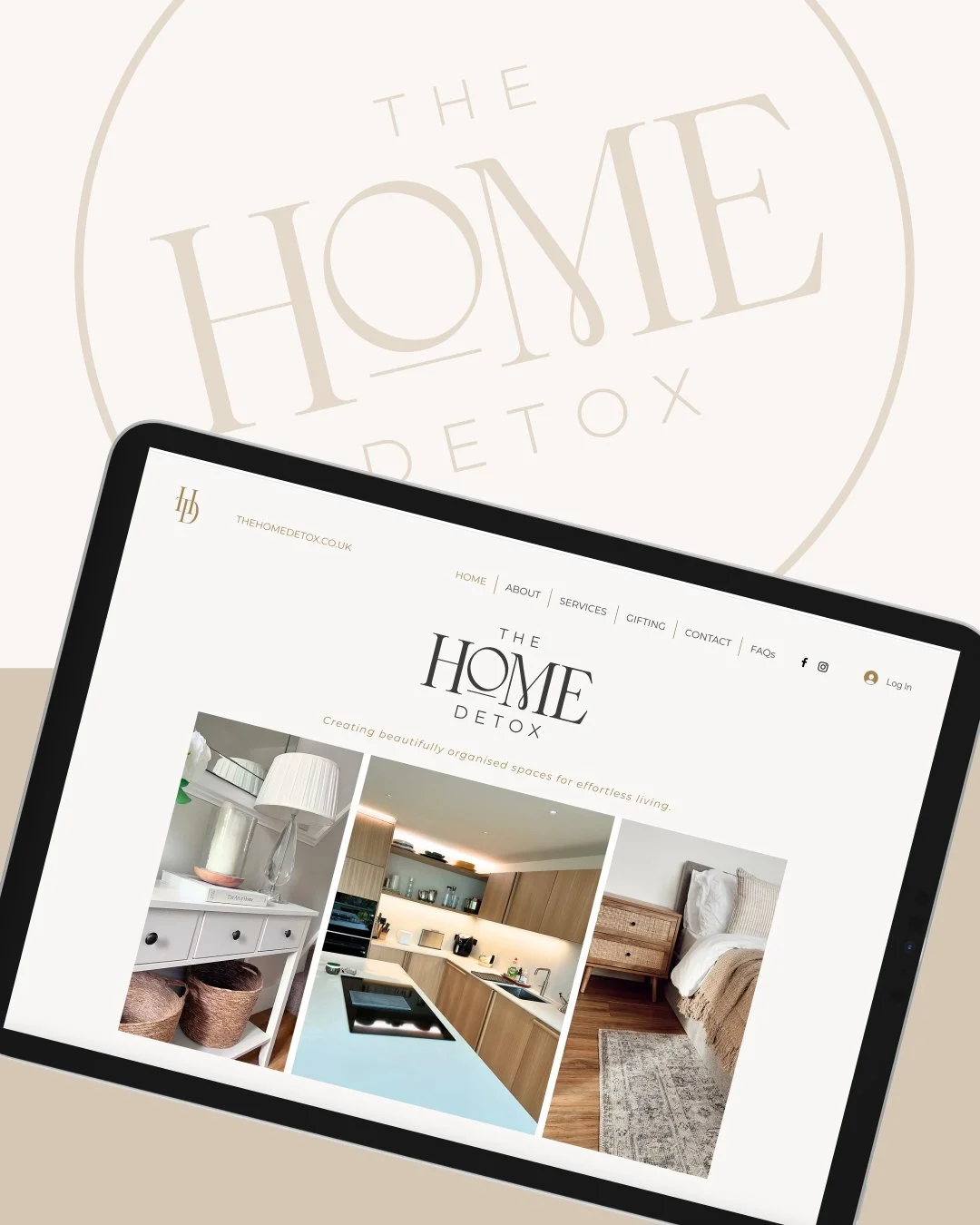 Screenshot of a website for The Home Detox, showcasing interior design images of a living room, kitchen, and bedroom with the new brand design