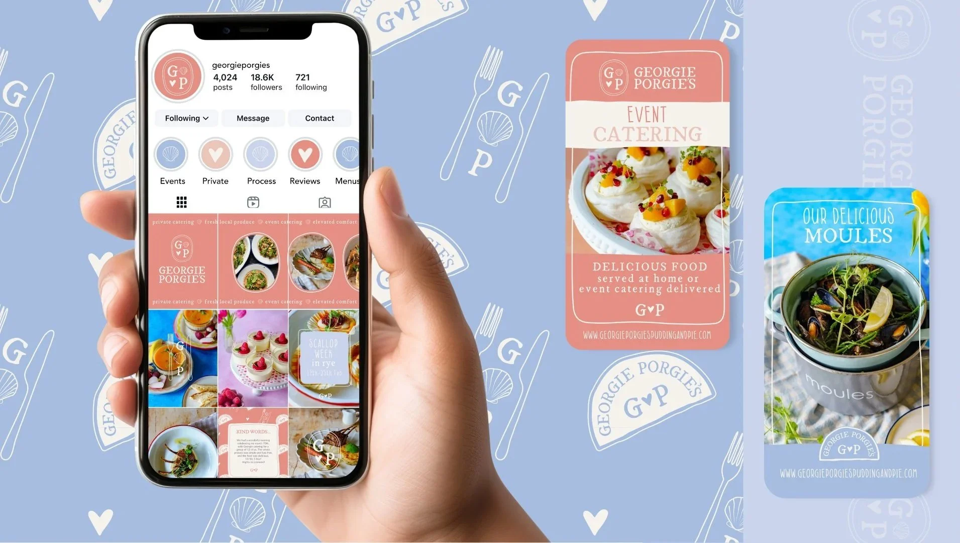 A hand holding a smartphone displaying an Instagram profile for Georgie Porgies, a catering business. The background features promotional cards for the business, including images of food like desserts and seafood, with the company's logo and website URL.