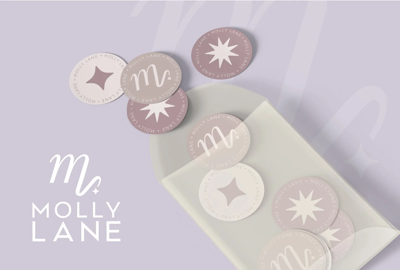 Flat lay photograph of a white gift box filled with white and mauve decorative round stickers, each with various patterns and the website MollyLane.com printed around the edges, on a pastel purple background with the Molly Lane logo in white text.