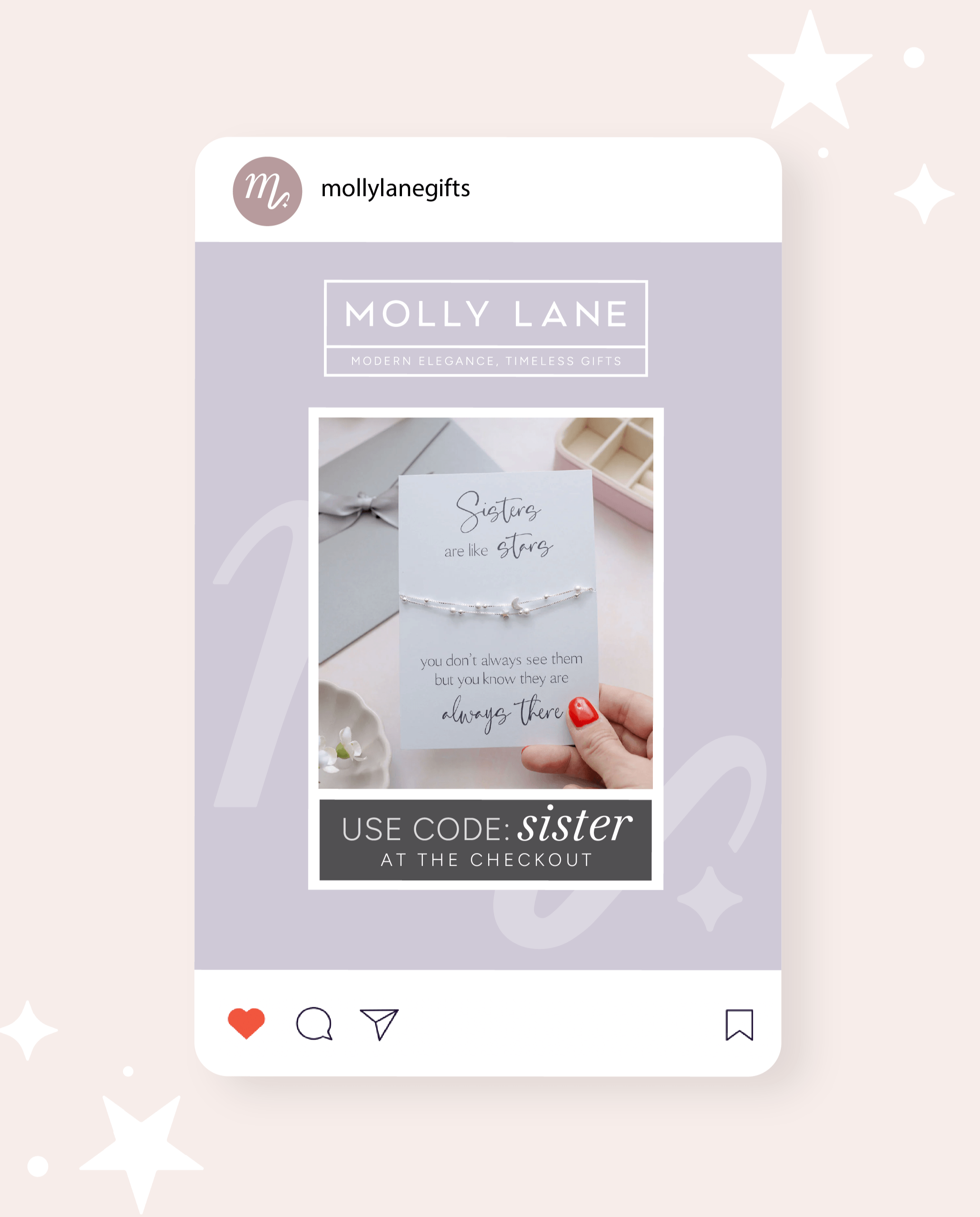 Advertisement for Molly Lane jewelry, featuring a bracelet with star-shaped charms. Text emphasizes sisterly bonds and offers a discount code 'sister' during checkout.