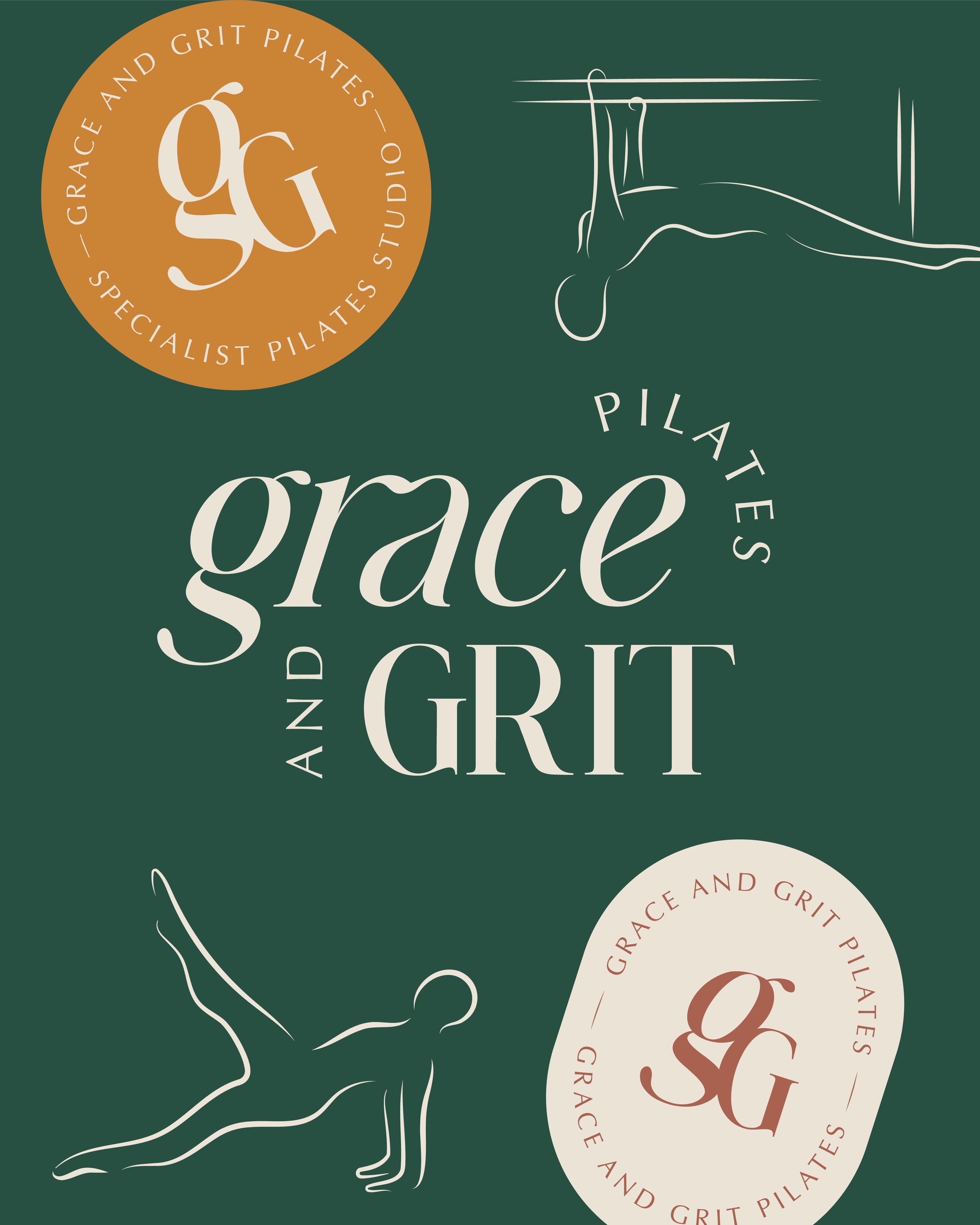 Design with the words "Pilates, Grace and Grit" in various sizes and colors, with line art illustrations of Pilates exercises, and circular logos reading "Grace and Grit Pilates, Specialist Pilates Studio."