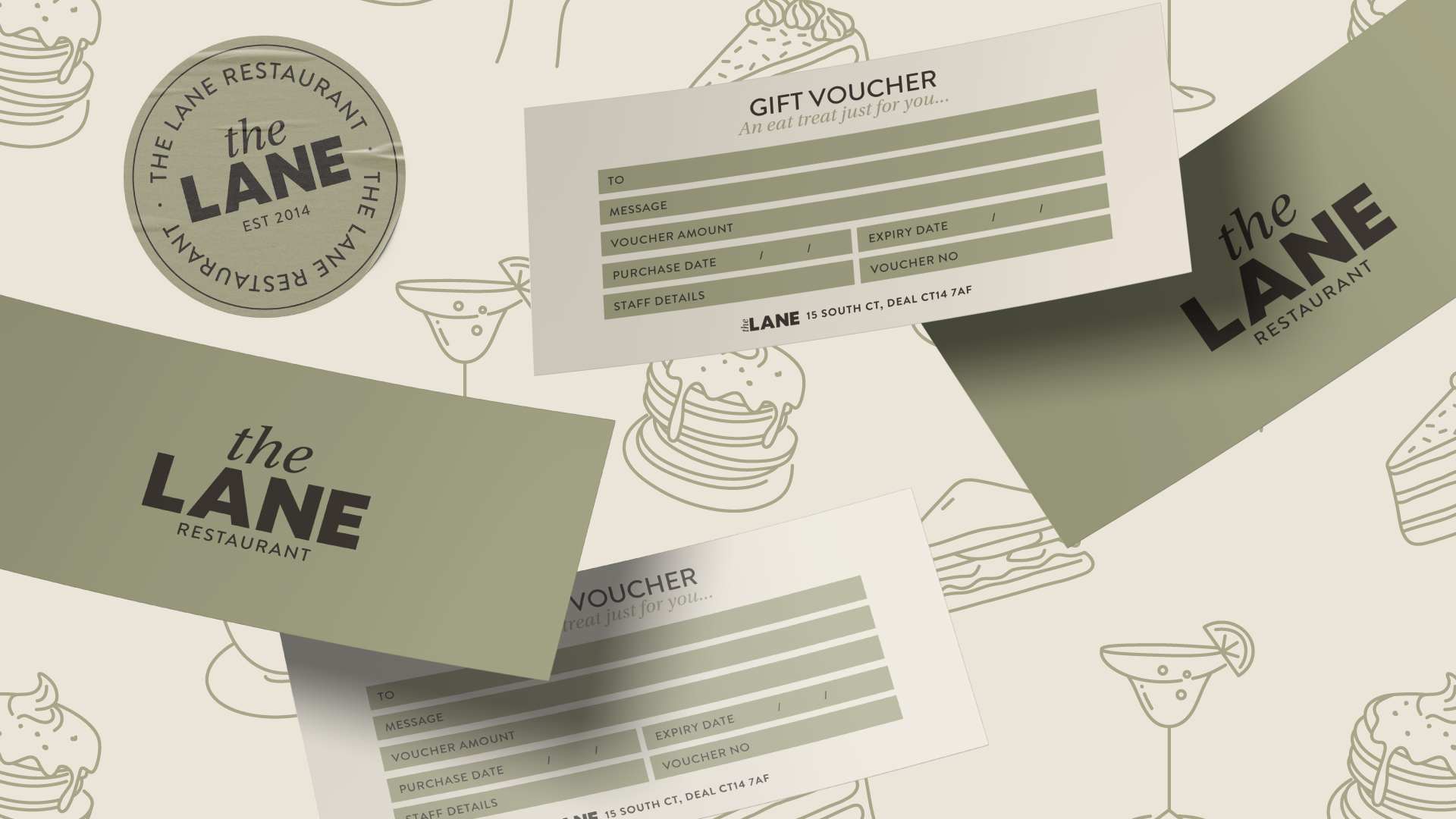 Multiple gift vouchers and restaurant branding materials for The Lane restaurant featuring illustrated food and drink items.