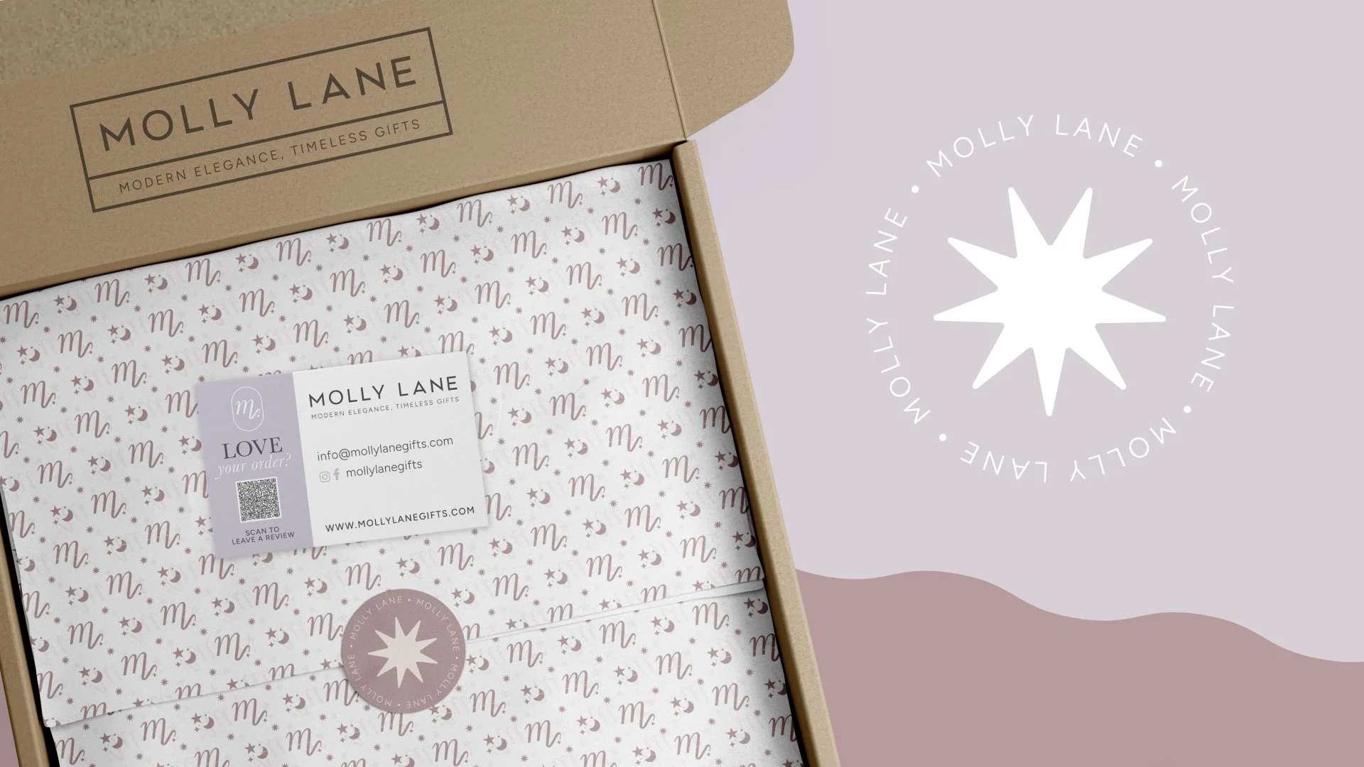 Open gift box with Molly Lane branding, patterned wrapping paper inside, and a branded sticker card. Background has a lavender circle with Molly Lane logo and text.