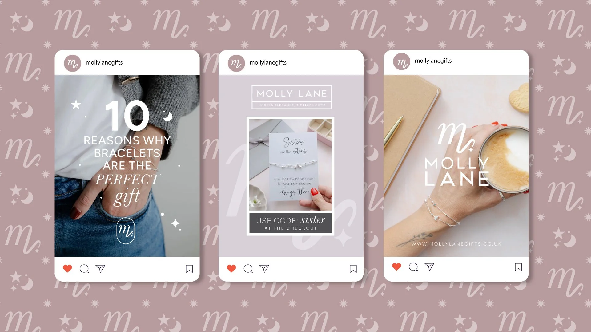Three social media posts advertising jewelry gifts and a discount code from Molly Lane Gifts. The first promotes bracelets as the perfect gift, the second shows a card with sister-related message and discount code, the third features a hand holding a coffee cup with jewelry on the wrist.