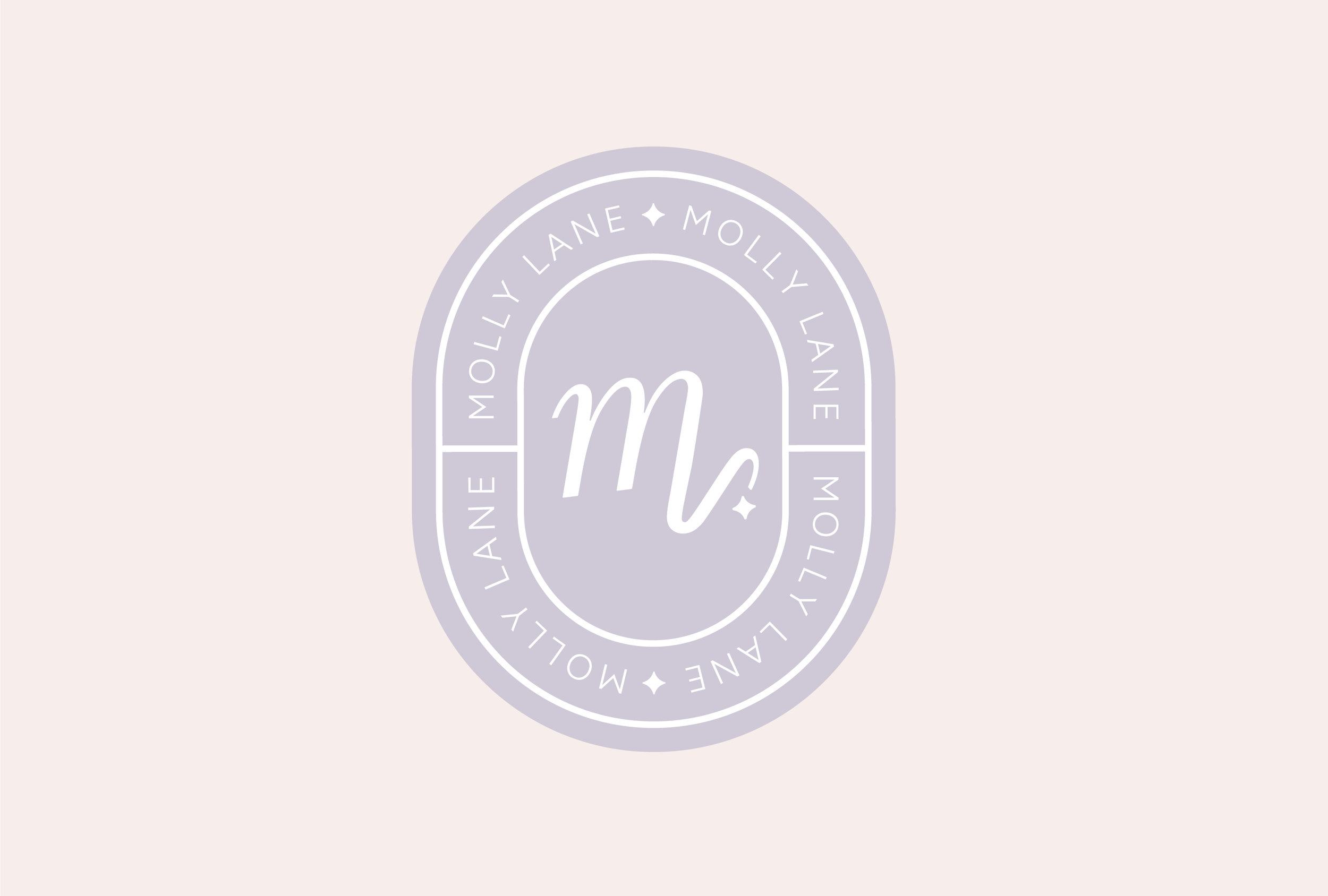 A logo with a lavender oval background and white text that reads "Molly Lane" repeated around the border, and a stylized white letter "m" with a star at the bottom right inside the oval.