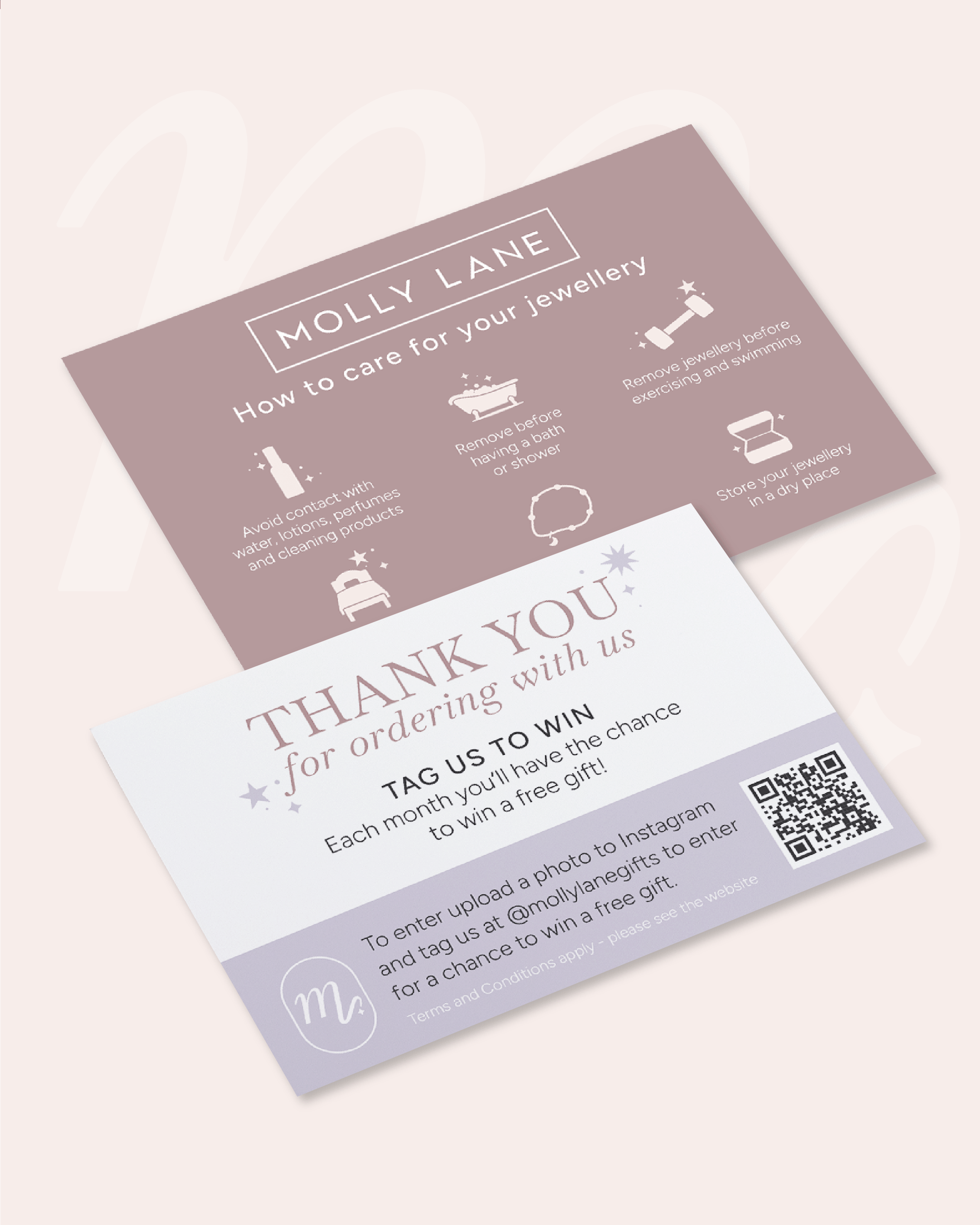 A promotional flyer with a thank you message and a contest to win a free gift by tagging @mollylane in Instagram photos. The flyer includes a QR code and instructions for entering.