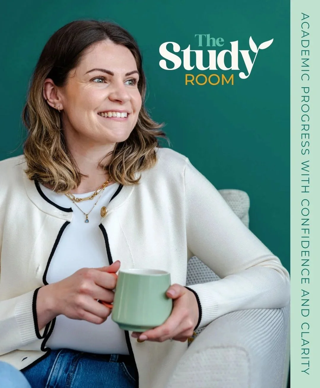 A woman with shoulder-length brown hair and light skin smiling and holding a green mug, sitting on a light-colored chair against a teal background. Text on the image reads 'The Study Room' and 'ACADEMIC PROGRESS WITH CONFIDENCE AND CLARITY'.