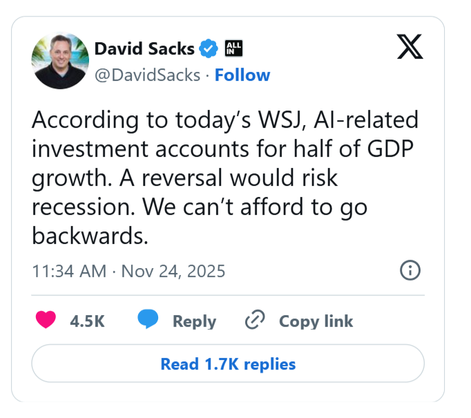 copy of david sack's tweet about ai investment leading to recession