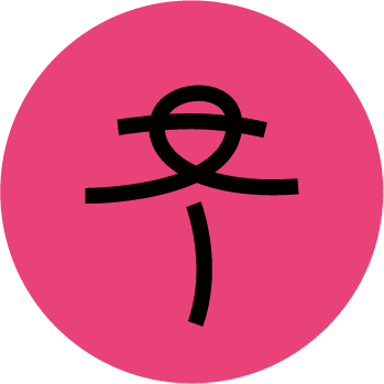 Pink circle with a black abstract stick-figure-like drawing of a person with a round head, arms extended, and a vertical line for the body.