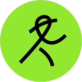A green circle with a black stylized logo in the center.