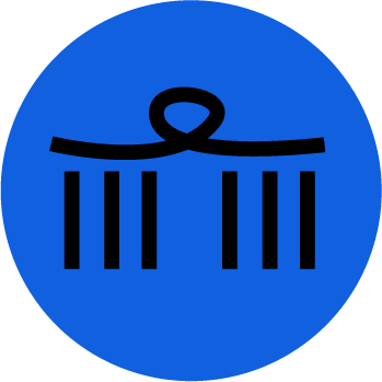 A blue circular icon with a black line and hook symbol on top, and five vertical black lines beneath, resembling a stylized hook or tool.