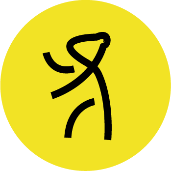 Black stylized figure of a person with a knee injury, holding their knee, against a yellow circular background.