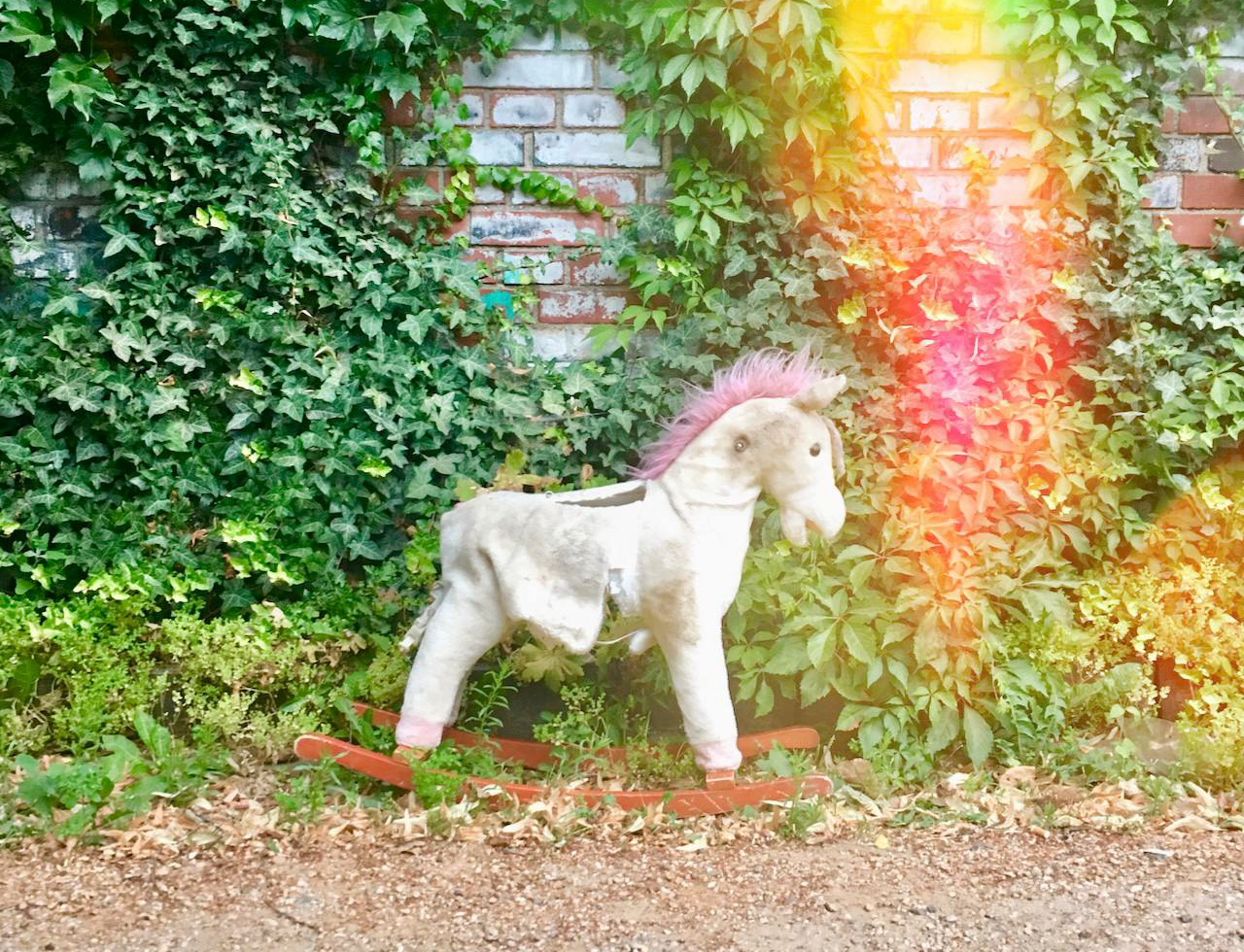 A worn-out stuffed toy horse with a pink mane, standing on a garden ground, with a brick wall and green ivy in the background. There is a light flare effect on the right side of the image.