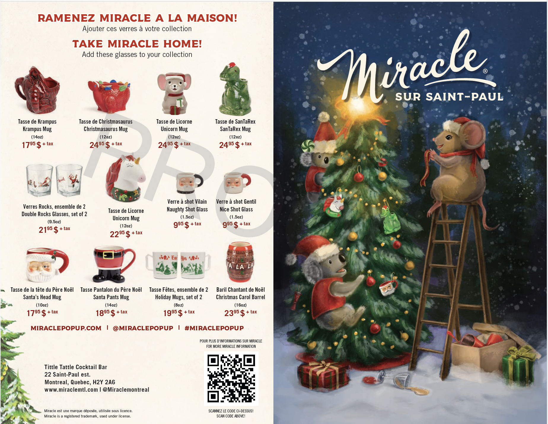 A Christmas-themed advertisement featuring holiday glassware, mugs, and shot glasses with a Christmas tree decorated with ornaments and lights, and plush mice wearing Santa hats decorating the tree.