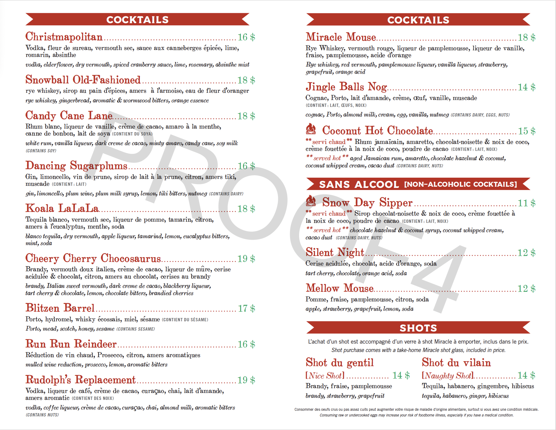 Menu of cocktails with names, ingredients, descriptions, and prices in dollars.