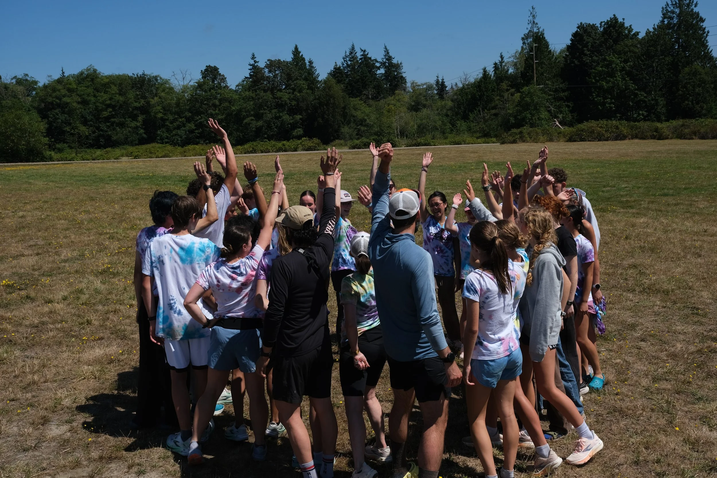 A group of young people standing together outdoors on a grassy field, raising their hands in the air during daytime with trees and a clear blue sky in the background.