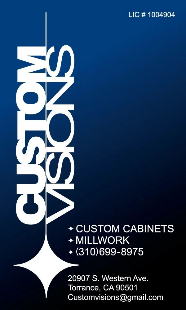 Business card for custom cabinets and millwork, featuring the company name 'CUSTOM VISIONS' in large white text, contact information, and address in Torrance, California.