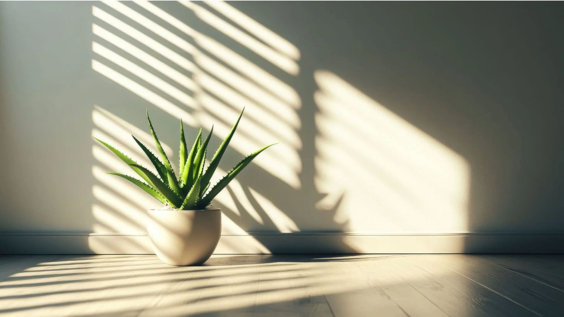 A potted green aloe vera plant on a wooden floor with sunlight casting striped shadows through window blinds onto the wall and floor.
