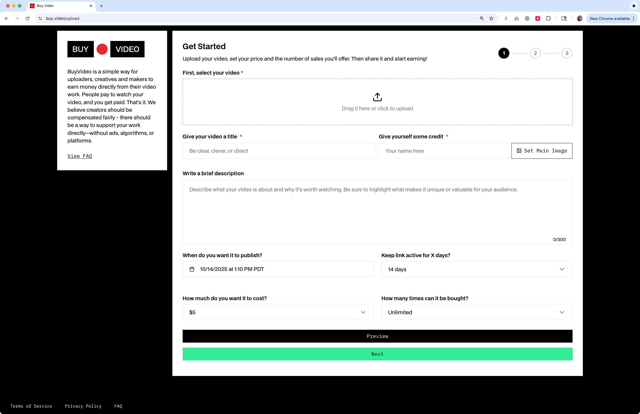 Screenshot of a website called Buy.Video, showing a form to upload and sell videos. The form includes fields for selecting a video, giving it a title, credit, description, publication date, price, and buy limit. There are also buttons labeled 'Preview' and 'Next' at the bottom.