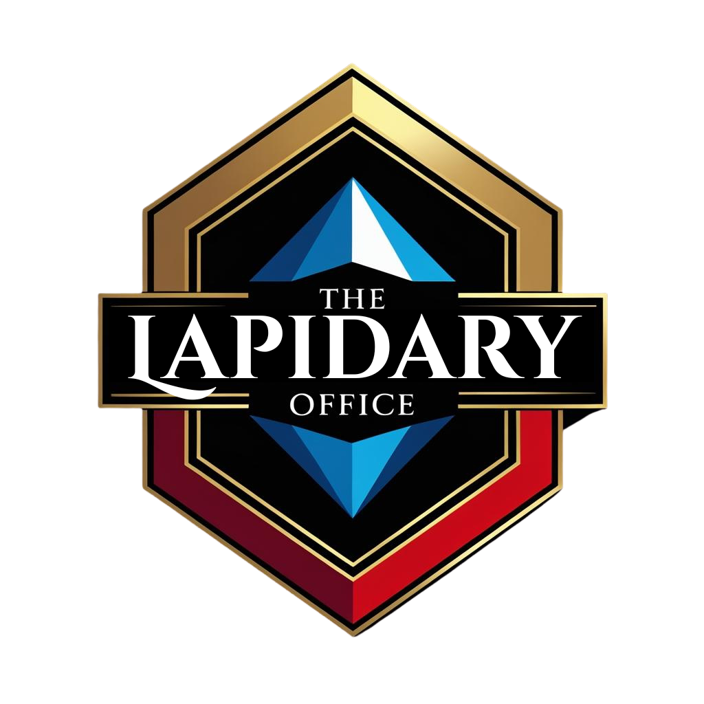 Logo for The Lapidary Office featuring a geometric design with a black background, gold and red accents, and a blue triangular gemstone at the top and bottom.