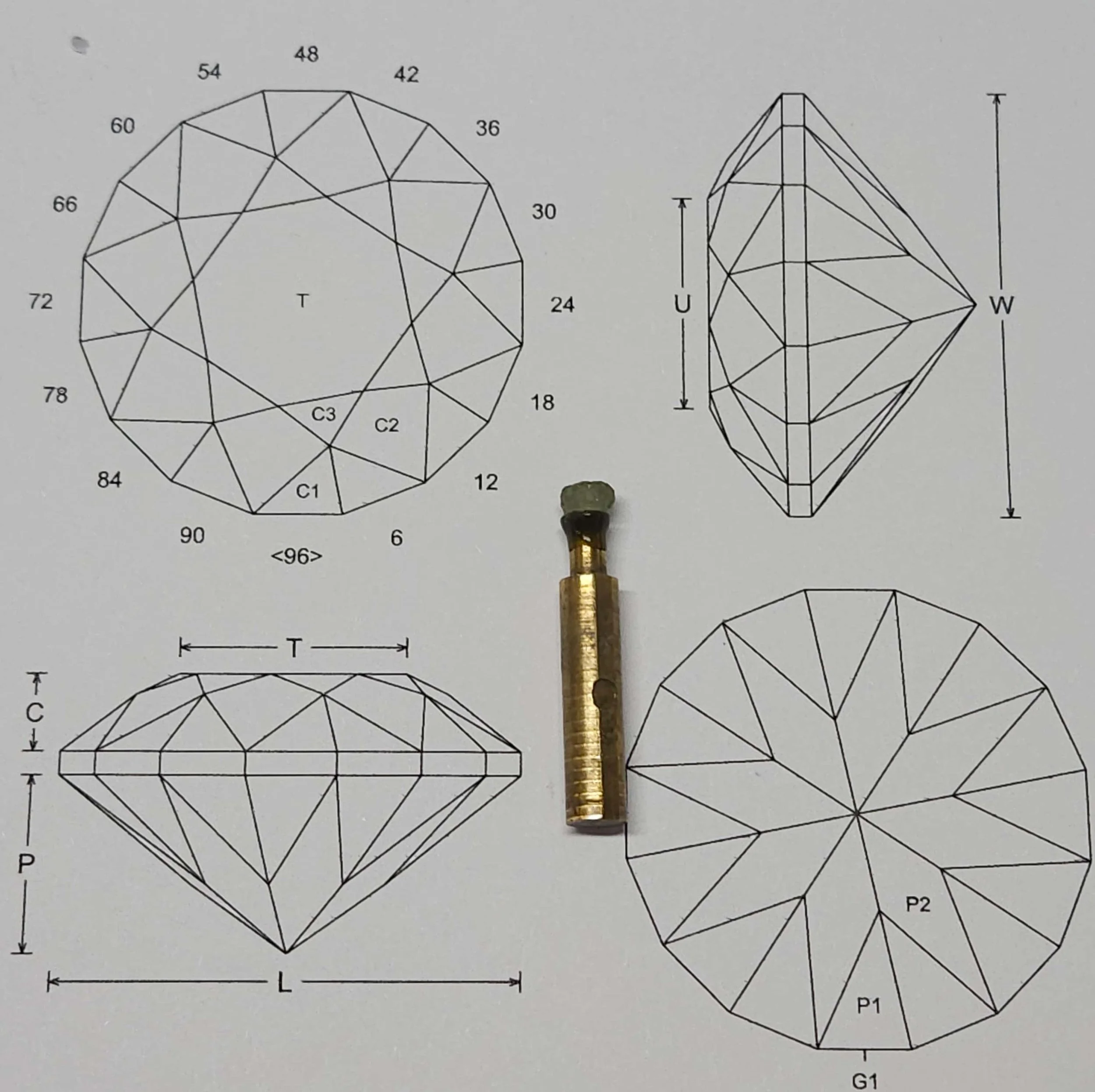 A technical diagram of a gem design with a doped sapphire resting on it.