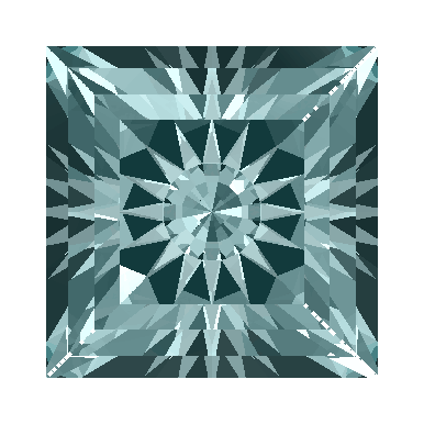 3D render of a square-cut topaz gemstone featuring the intricate, geometric Black Hole Sun faceting design against a black background.