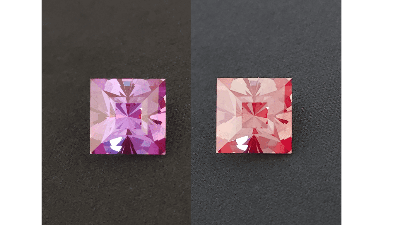 Two square-cut gemstones, one purple and one pink, placed on contrasting textured backgrounds, with the purple on a black surface and the pink on a grey surface.