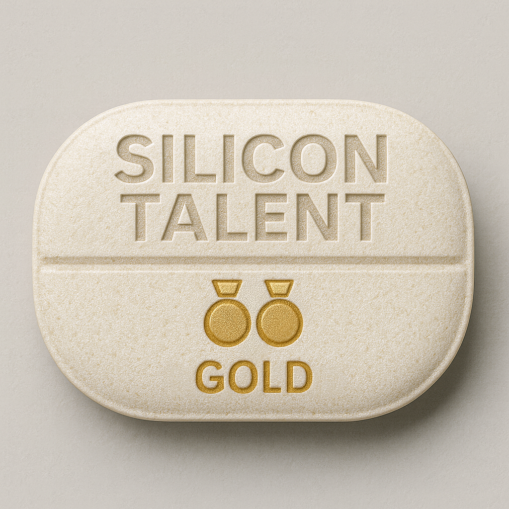 A beige pill with the words 'Silicon Talent' and 'Gold' engraved on it, along with a gold medal icon.