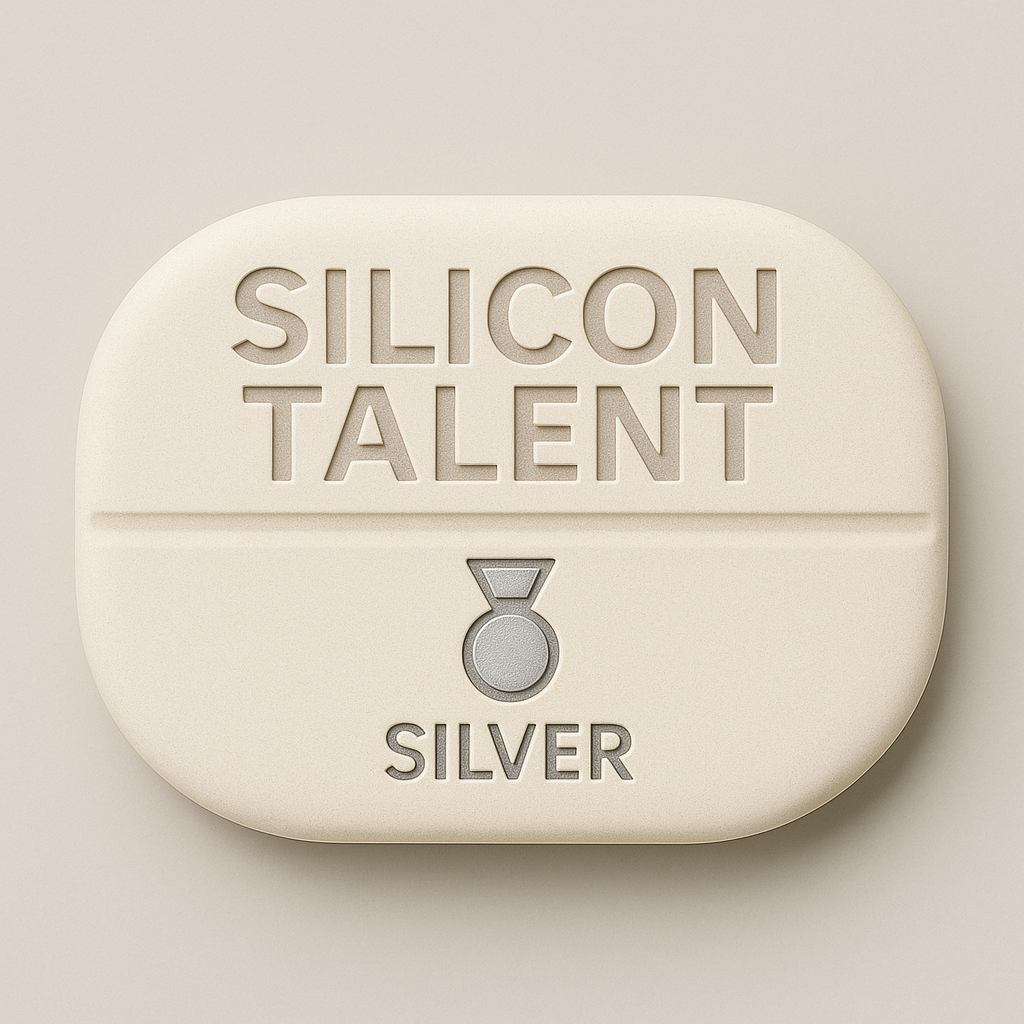 A beige box with the words "Silicon Talent" engraved at the top, a silver medal icon in the center, and the word "Silver" engraved at the bottom.