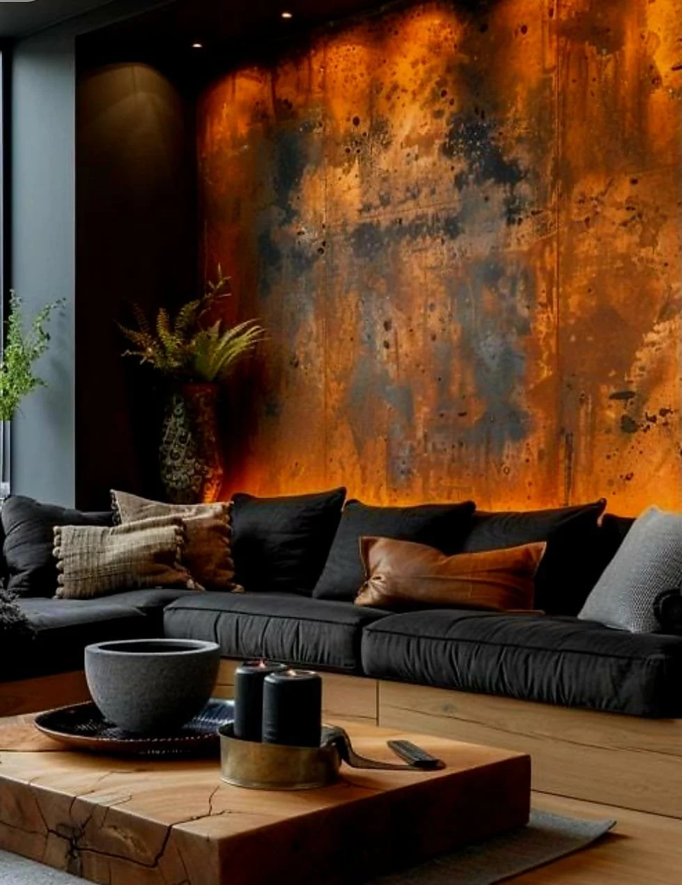 Modern living room with black sofa, decorative pillows, a large rust-colored textured wall, potted plants, and a wooden coffee table with candles and a remote.