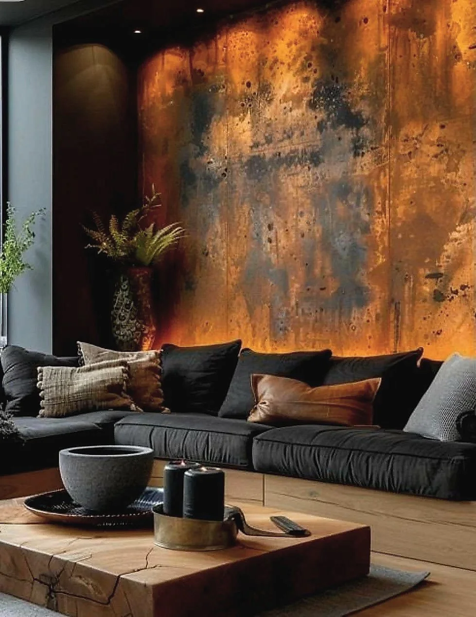 Modern living room with a dark grey sectional sofa, decorative pillows, a wooden coffee table, a large textured rust-coloured Venetian plaster, wall art, potted plants, and a digital remote control.