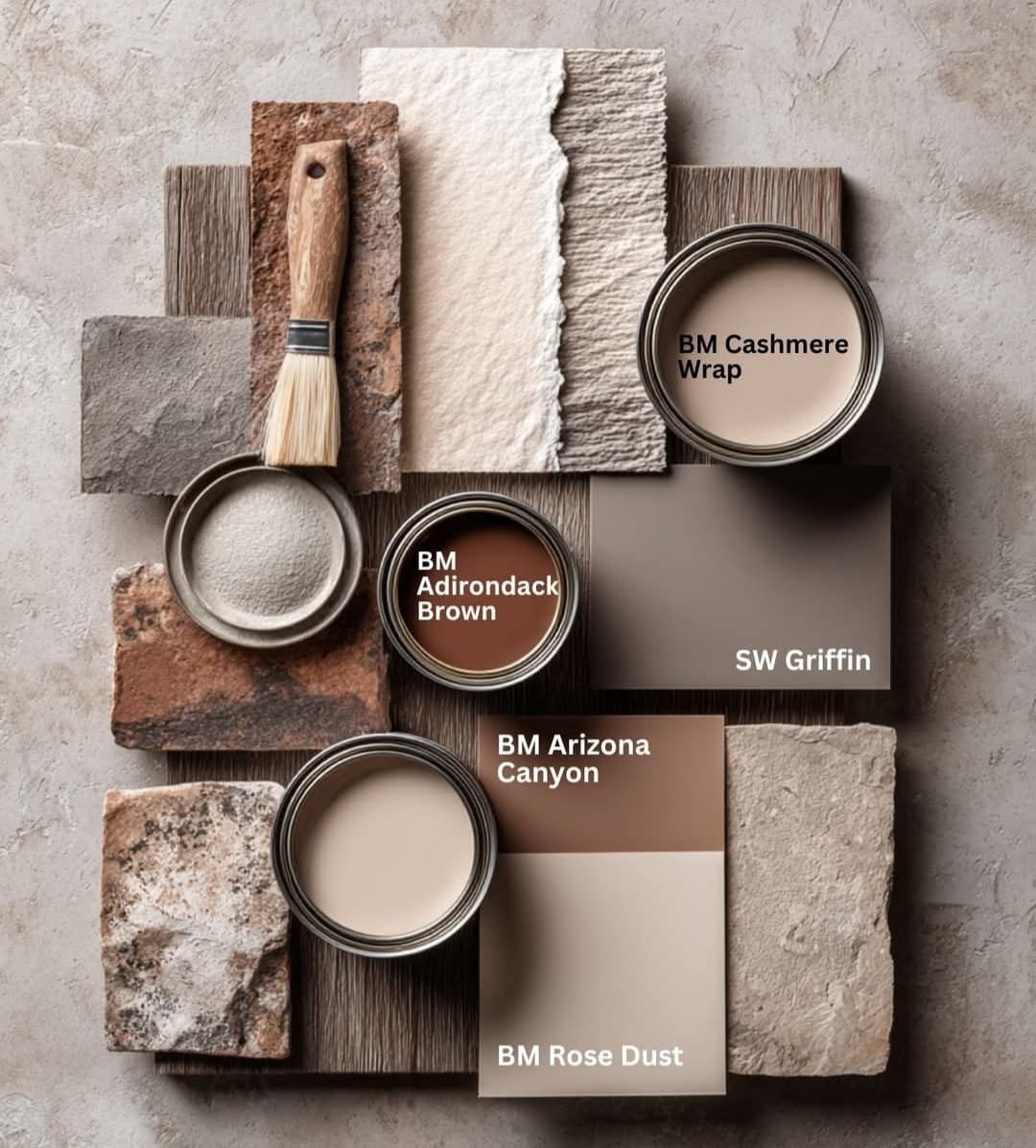 Color samples and paint cans for construction or design project, including BM Cashmere Wrap, BM Adirondack Brown, BM Arizona Canyon, and BM Rose Dust, surrounded by stone and wood textures.