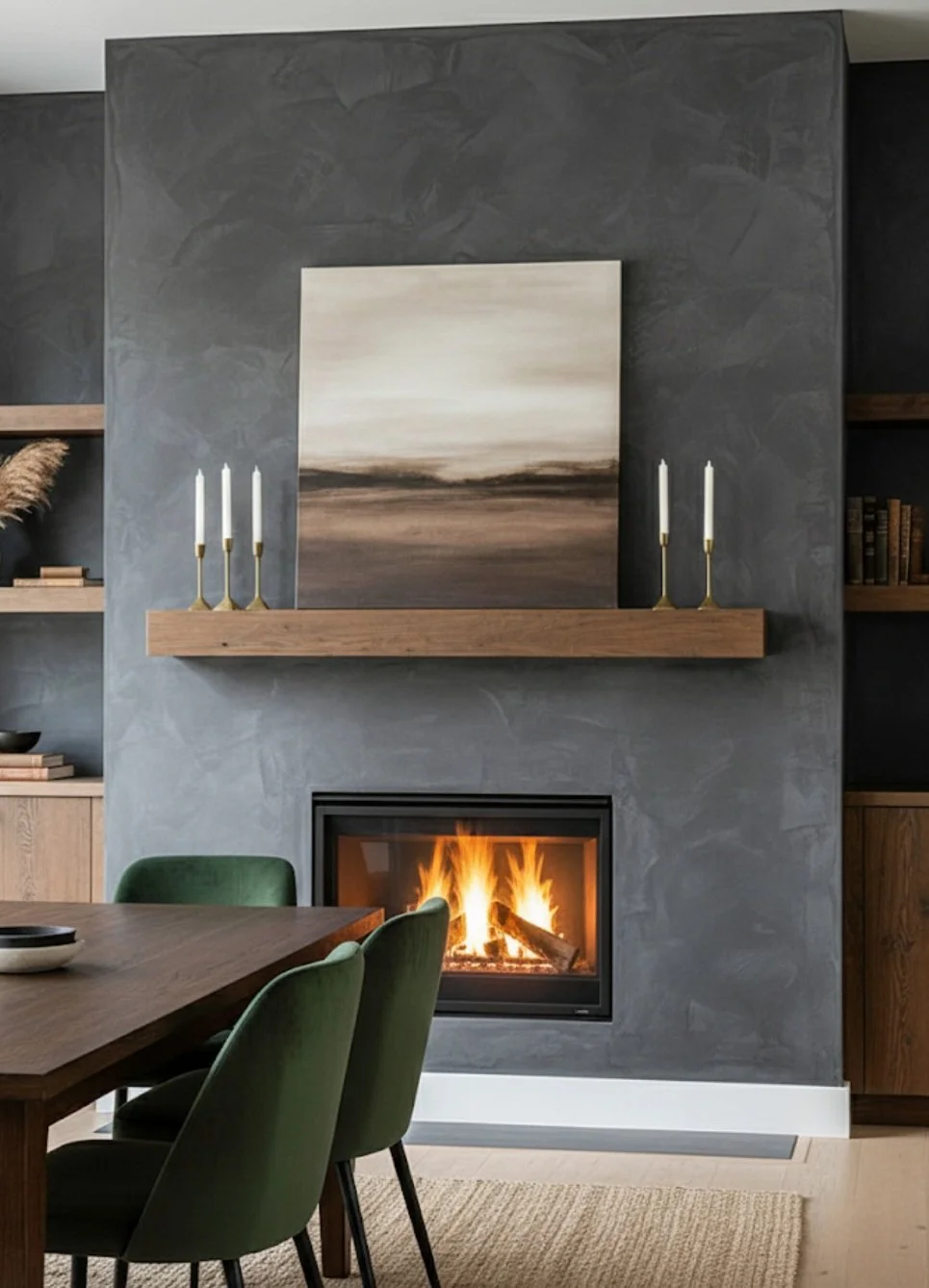A modern living room with a venetian plaster fireplace, lit with burning logs, for a relaxing feel. Above the fireplace is a wooden mantel with three white candles in gold holders on each side. 