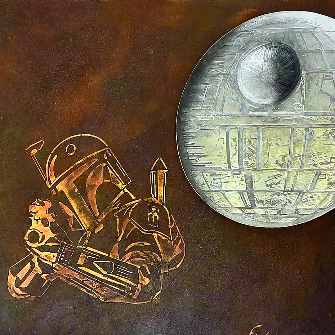 Star Wars-themed artwork featuring a laser-cut outline of R2-D2 and a 3D embossed image of the Death Star, using silver liquid metal.