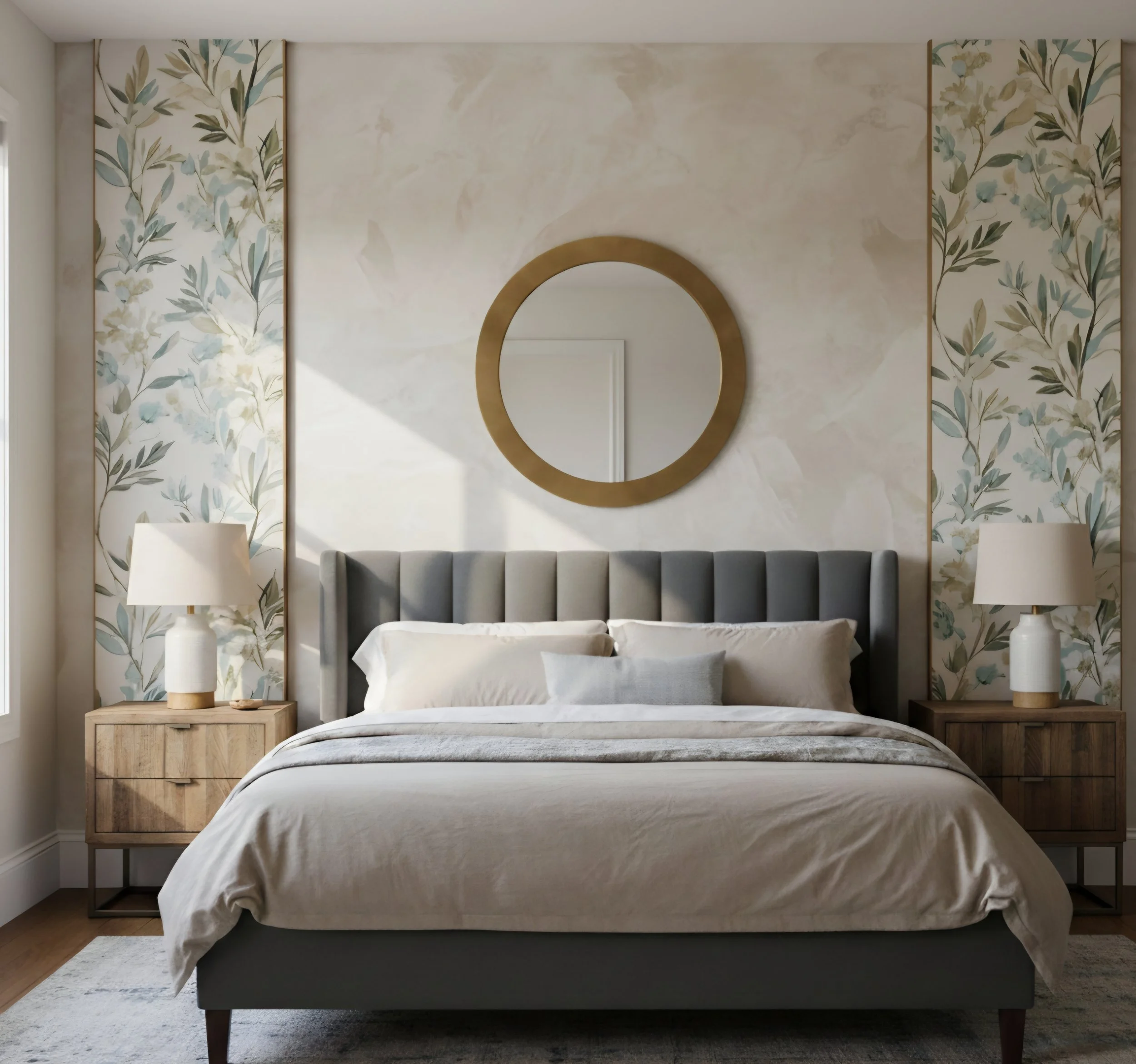 Modern Transitional design, blending cosy textures with elegant symmetry. The centrepiece is the textured middle section which adds a touch of nature without overwhelming the space with too much pattern. This room feels both high-end and incredibly r