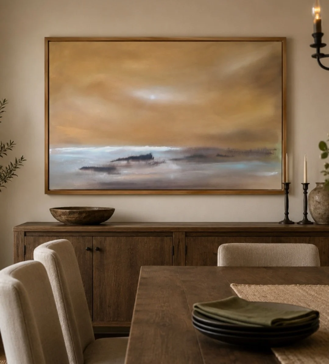 Acrylic on canvas. Textured at the bottom. I have always been drawn to sea and skies and their movement and colours.