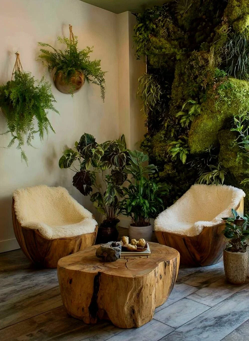 Interior space with two wooden chairs with plush cream cushions, a large natural wood coffee table, and potted green plants, including a wall with greenery and hanging ferns.